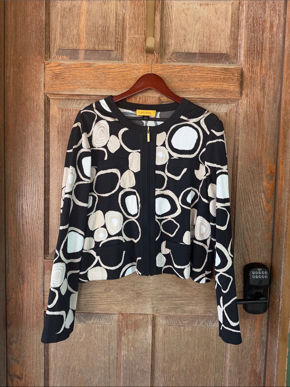 St. John Black & Cream Abstract Circle Zip Jacket